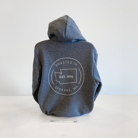 Pictured is our 4 Seasons Gray zip up hoodie with white strings and our WA state logo one the back in white.. "Spokane and 4 Seasons in one week" hoodie! Support your local specialty coffee roasters near you. Spokane's first and finest specialty coffee roasters